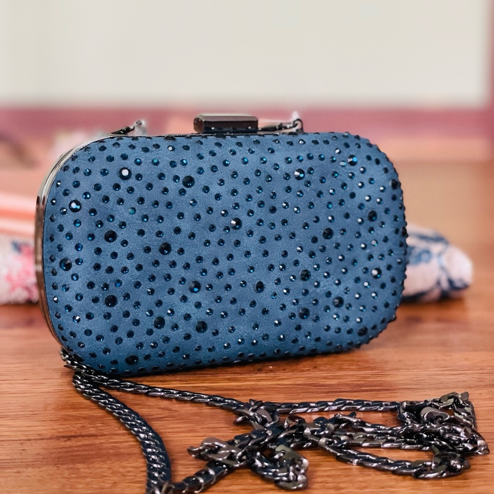Dark Blue Crystal Studded Pill Bag w/ Chain Strap - Picture 4 of 5